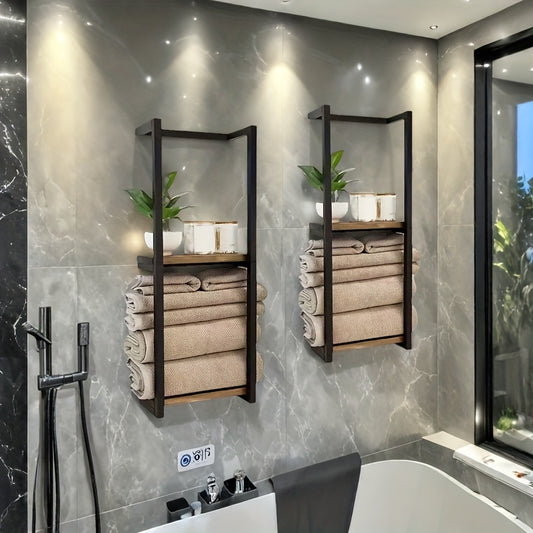 French country iron towel storage rack with neatly folded towels and decorative plants on a modern bathroom wall