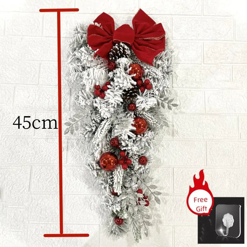 Nutshell front door Christmas garland decorations with red bows, ornaments, and faux greenery, 45cm in length