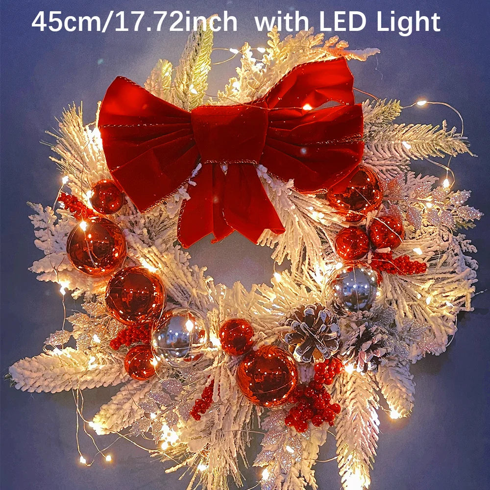 Nutshell front door Christmas garland decorations with LED lights and red bow for festive home decor