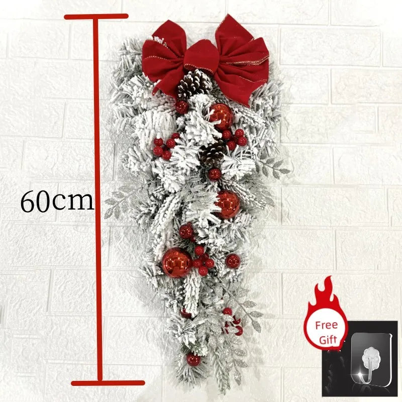 60cm front door Christmas garland decorations with red bow, berries, and ornaments for festive decor