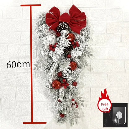 60cm front door Christmas garland decorations with red bow, berries, and ornaments for festive decor