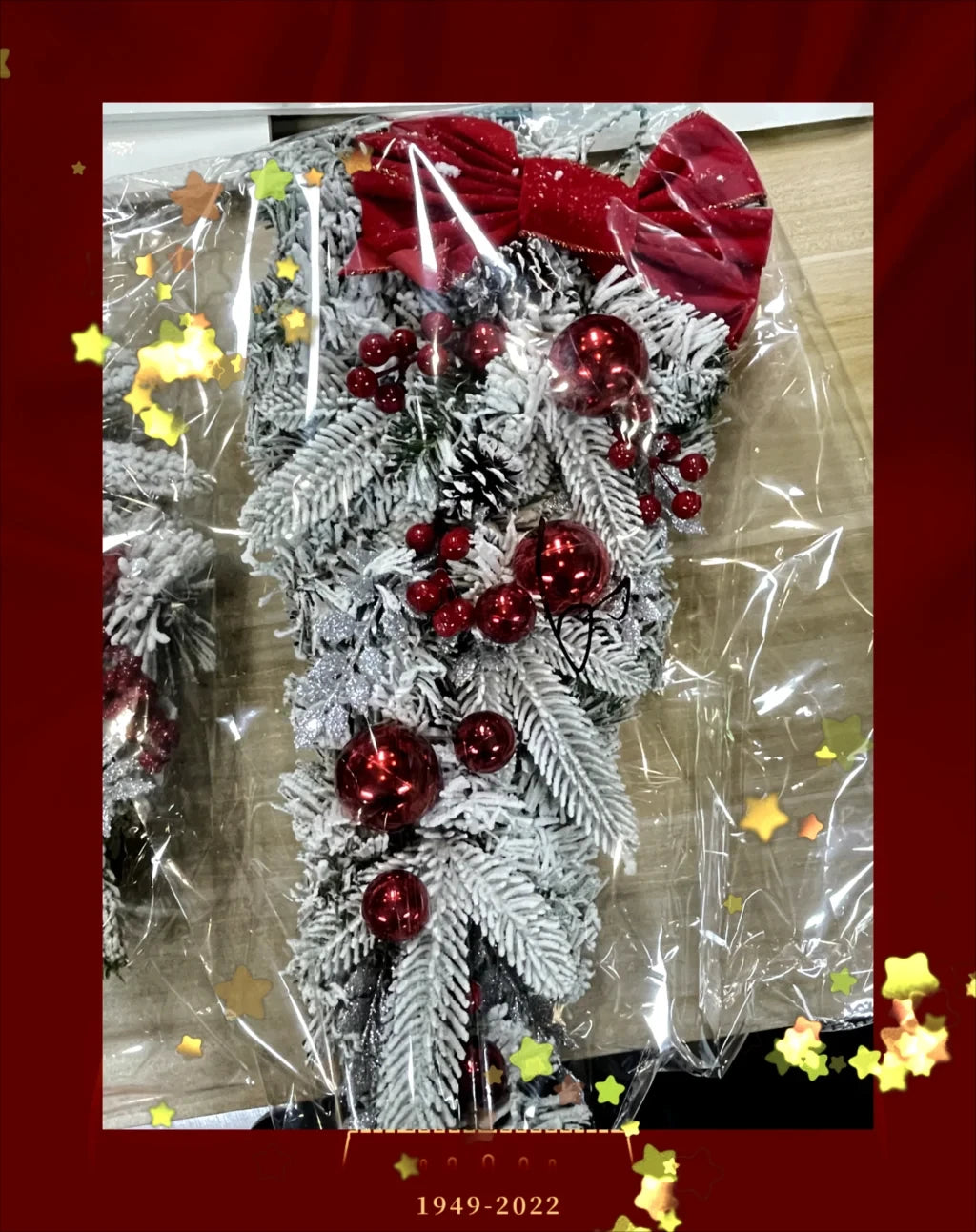 Nutshell front door Christmas garland decorations with red bow and festive ornaments