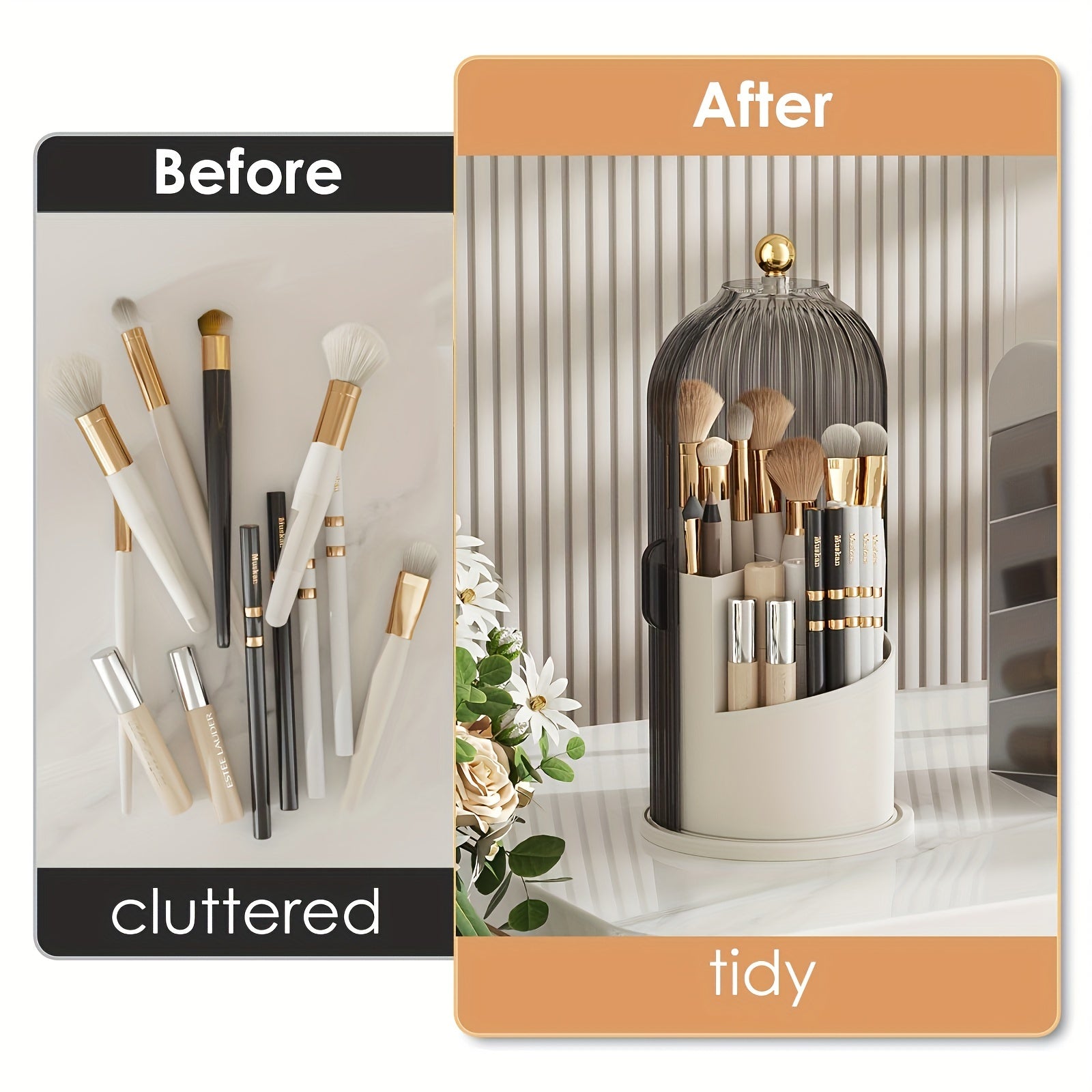 Nutshell functional makeup organizer with brush holder for a tidy and organized bathroom space