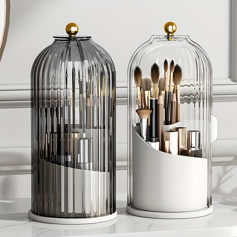 Nutshell functional makeup organizer with brush holder, featuring a sleek glass design for stylish storage