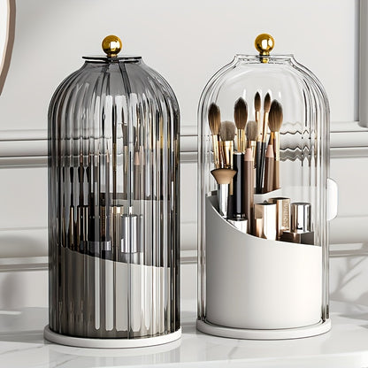 Nutshell functional makeup organizer with brush holder, featuring a sleek glass design for stylish storage