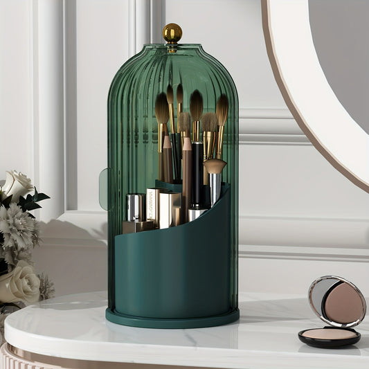 Nutshell functional makeup organizer with brush holder in green glass design for stylish bathroom storage