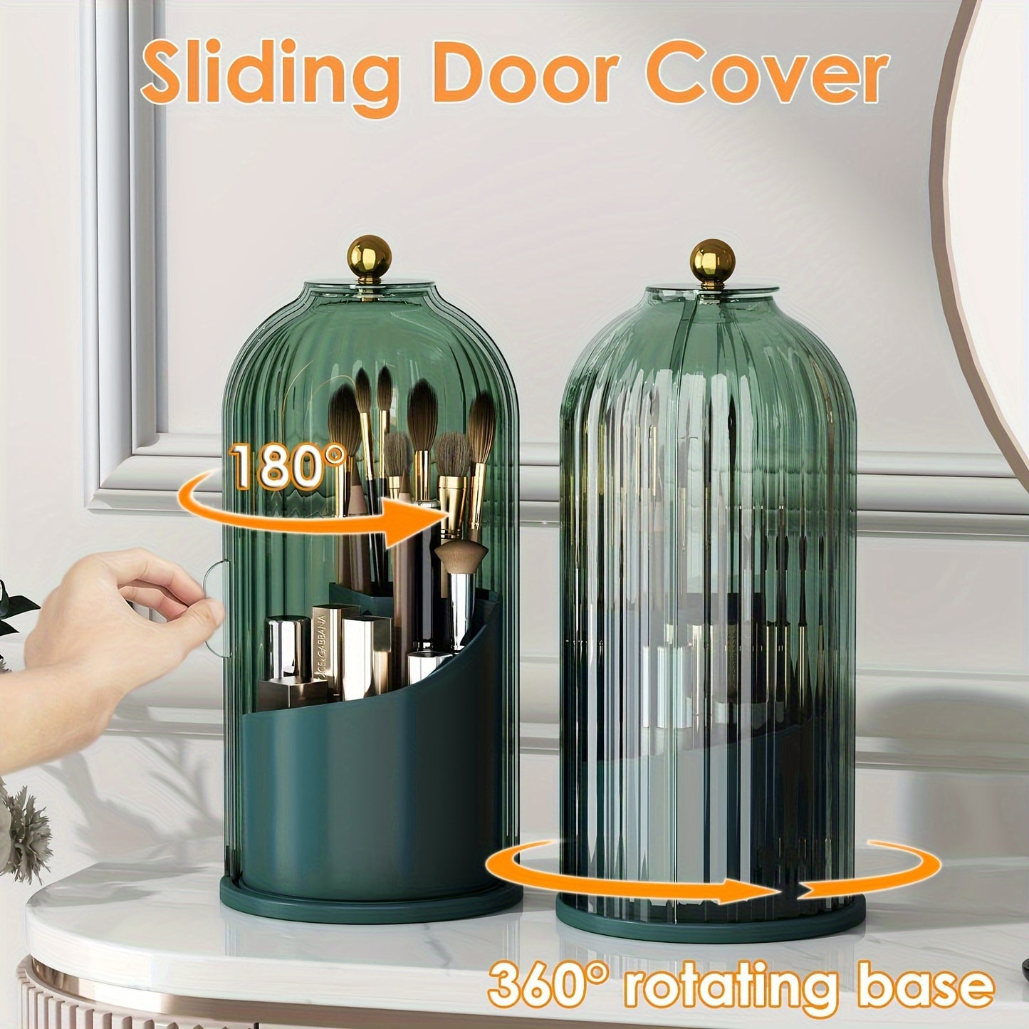 Nutshell functional makeup organizer with brush holder featuring a sliding door and 360 rotating base