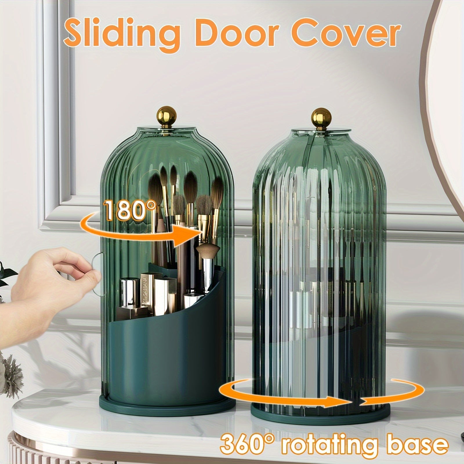 Nutshell functional makeup organizer with brush holder featuring a sliding door and 360 rotating base