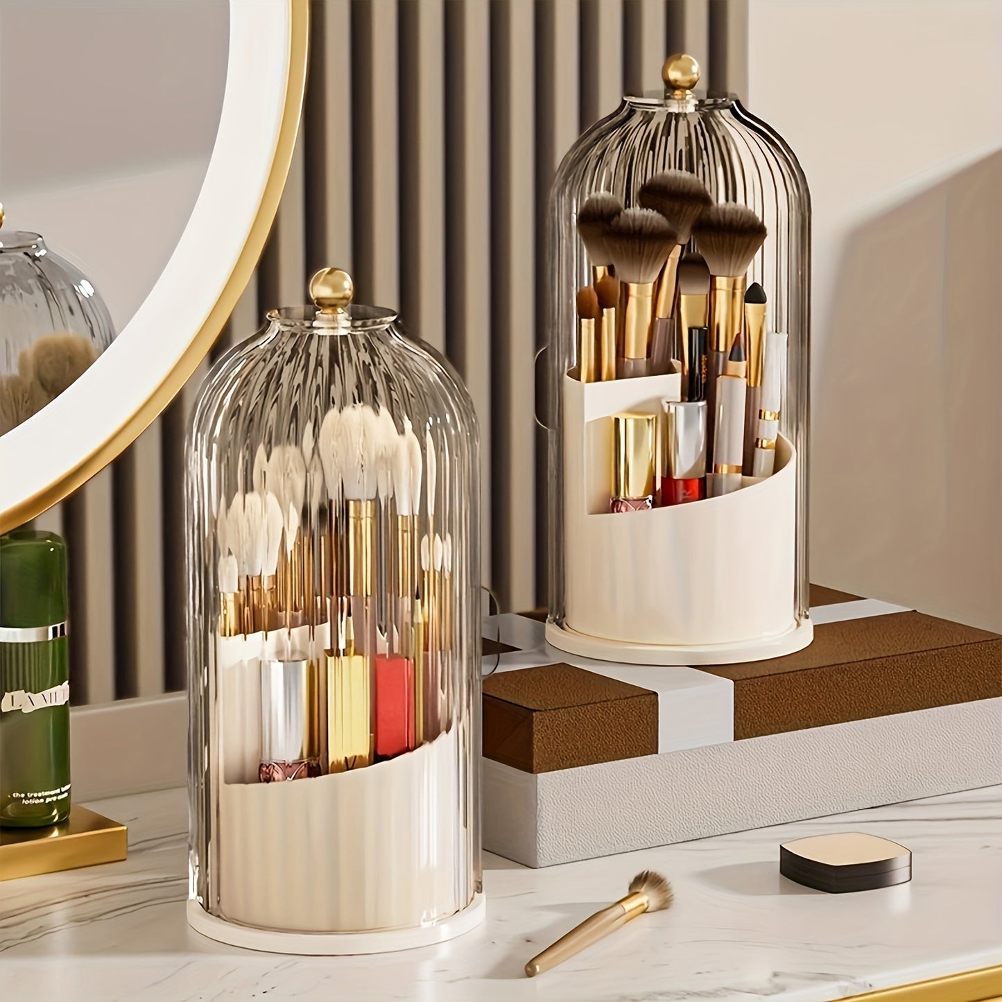 Nutshell functional makeup organizer with brush holder featuring elegant design and ample storage for beauty tools