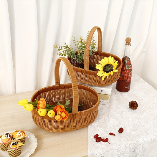 Functional wicker basket with handle, perfect for home decor or storage, displayed with flowers