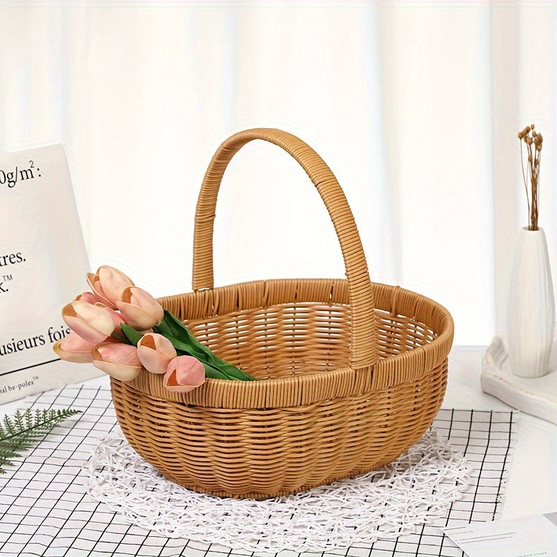 Functional wicker basket with handle, perfect for carrying flowers or organizing items at home