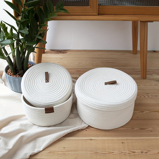 Functional Woven Basket with Lid in White, ideal for stylish storage solutions in any room