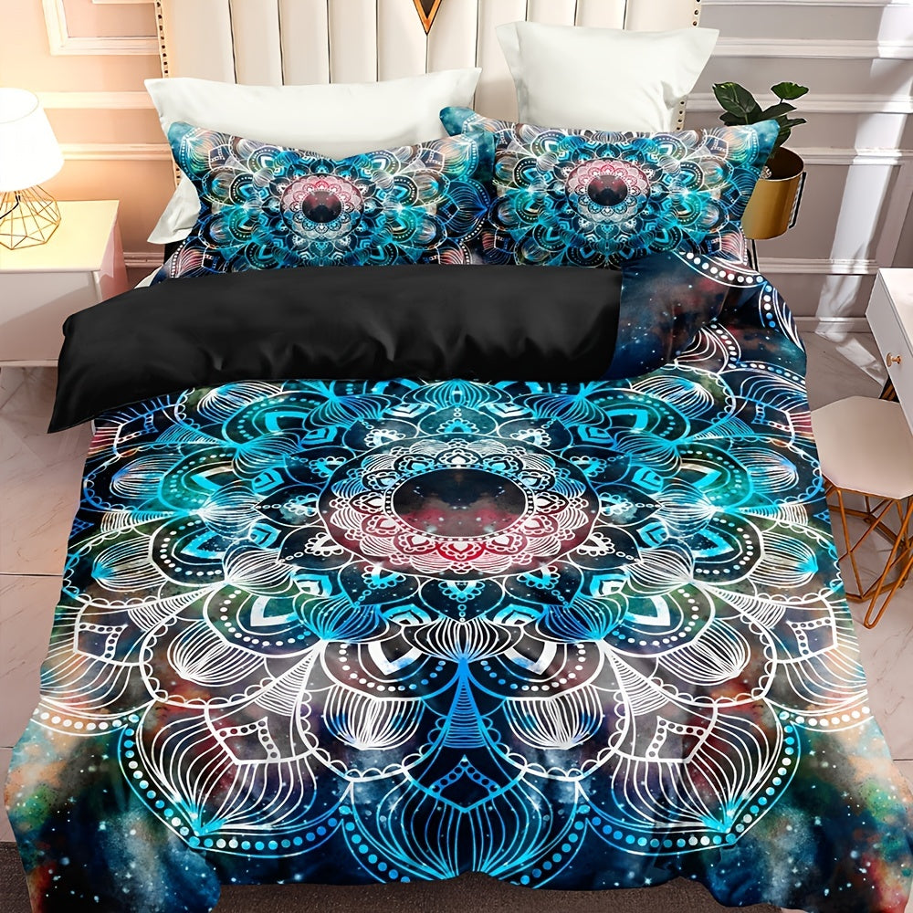 Galaxy Mandala Duvet Cover Set featuring vibrant colors and intricate designs for a stylish bedroom decor