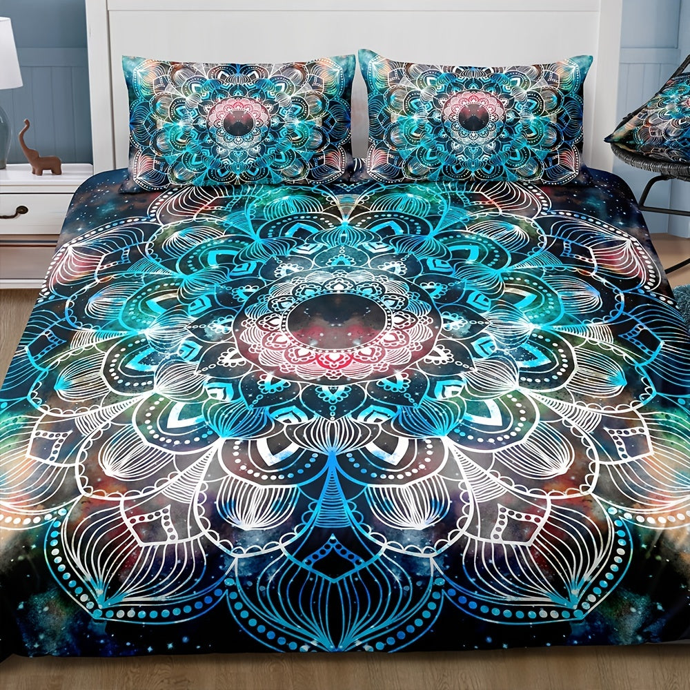 Galaxy Mandala Duvet Cover Set featuring vibrant blue and pink design with matching pillowcases