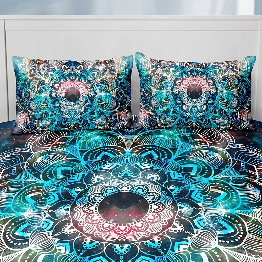 Galaxy Mandala Duvet Cover Set featuring vibrant colors and intricate mandala design with matching pillowcases
