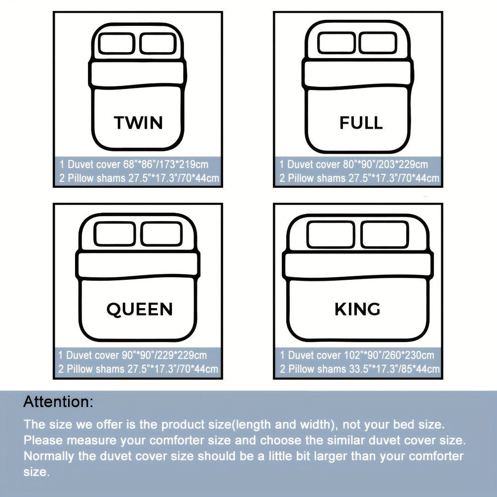 Size guide for Galaxy Mandala Duvet Cover Set showing dimensions for twin, full, queen, and king sizes