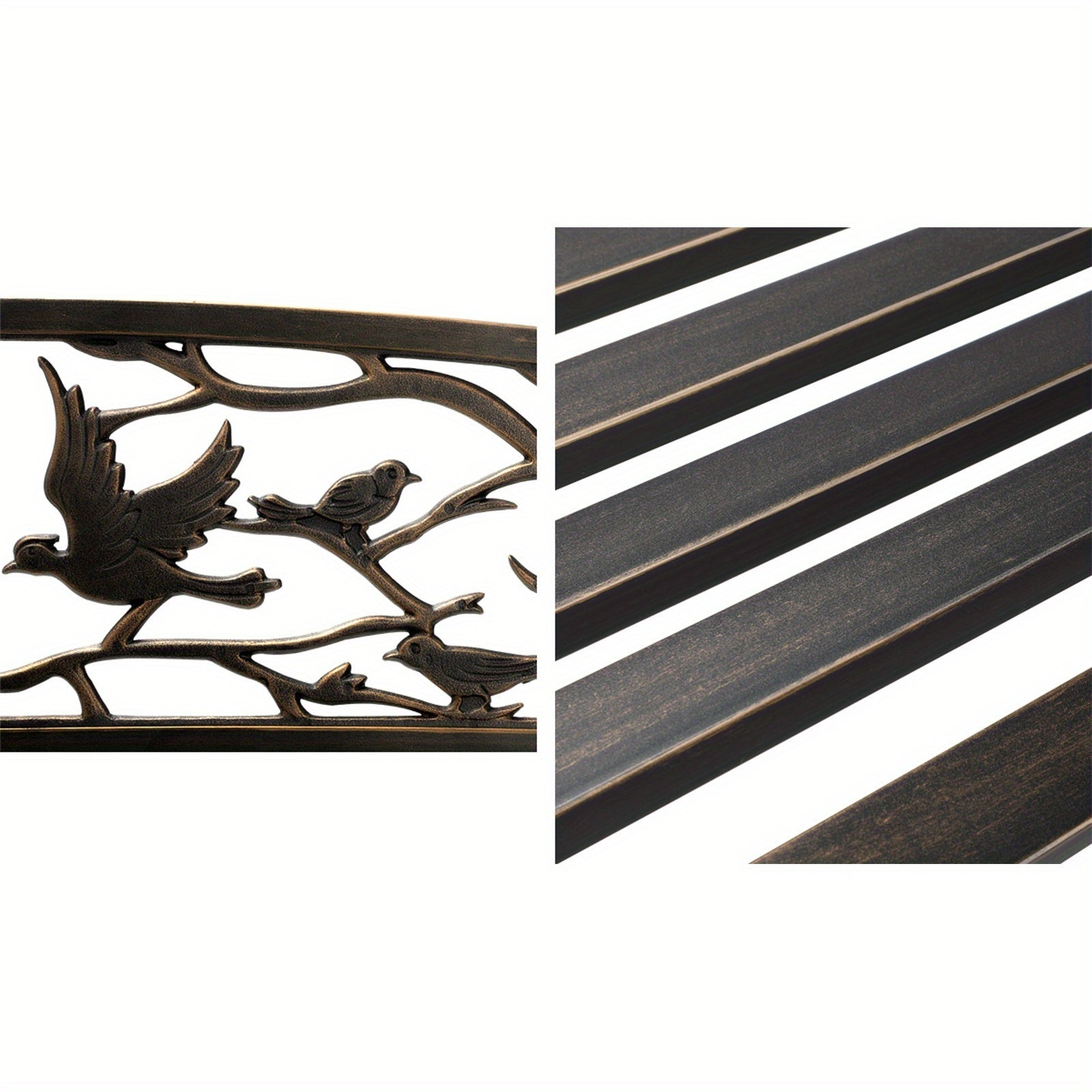 Close-up of Nutshell Garden Bench 3 Seater with intricate bird design and slatted seat details