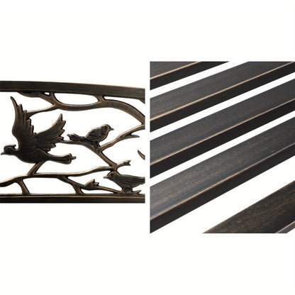 Close-up of Nutshell Garden Bench 3 Seater with intricate bird design and slatted seat details