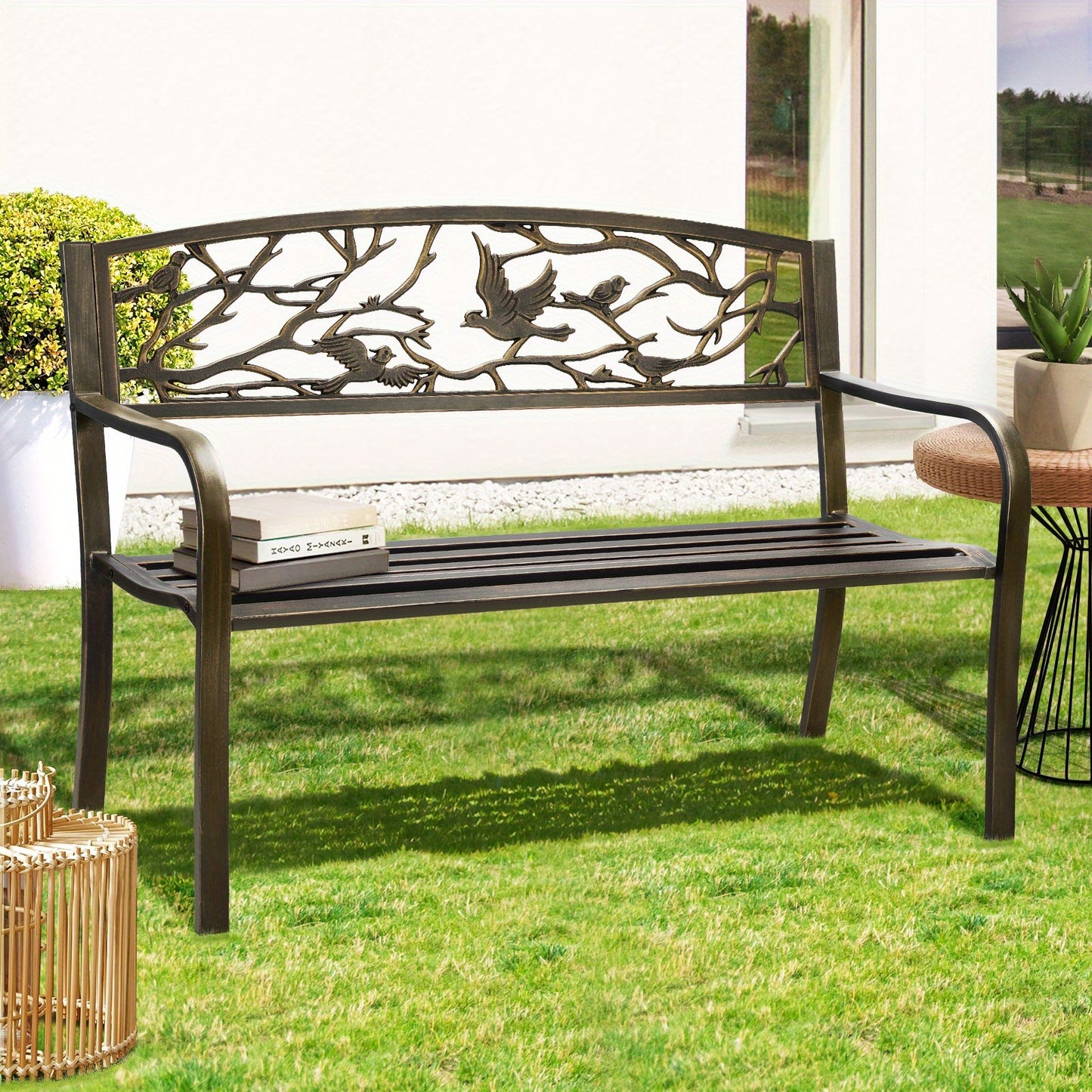 Nutshell Garden Bench 3 Seater with intricate bird design, perfect for outdoor relaxation