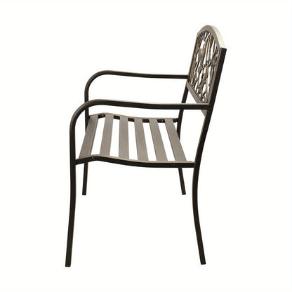 Nutshell Garden Bench 3 Seater with a decorative backrest and metal frame for outdoor seating