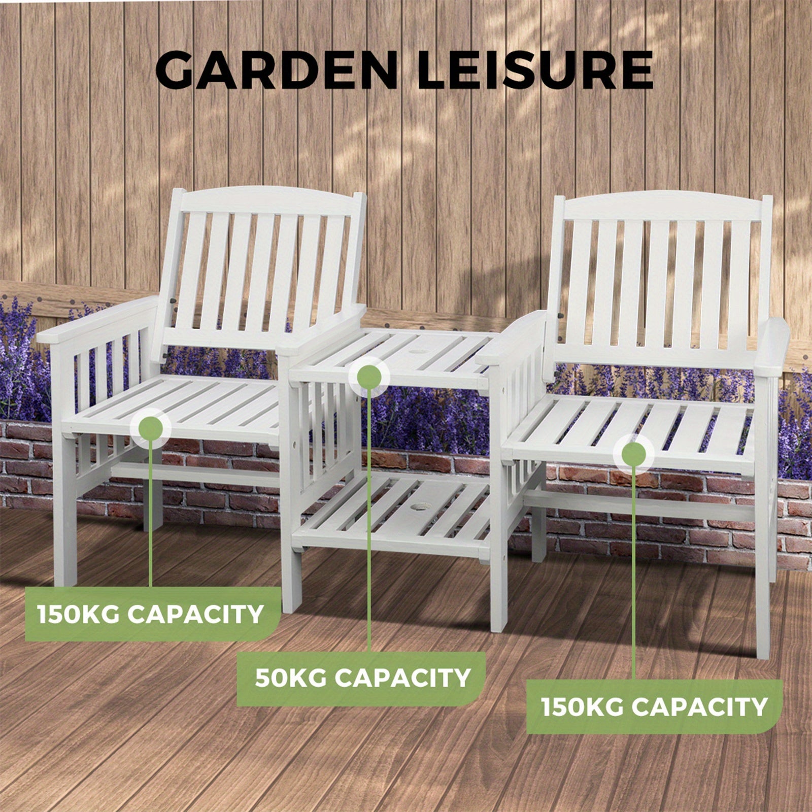 Nutshell 2 seat garden chair with table featuring a sturdy design and weight capacity indicators