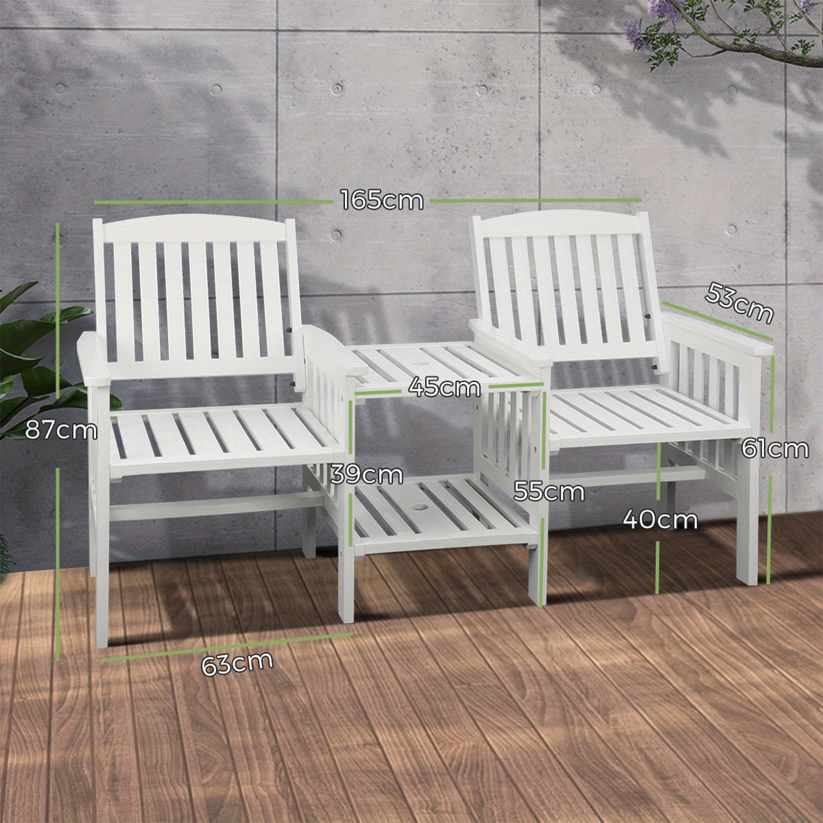 White 2 seat garden chair with table, designed for outdoor relaxation and comfort in any garden setting