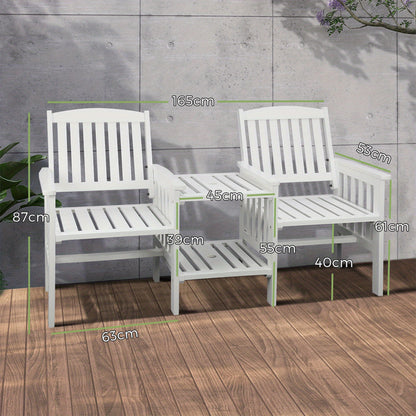 White 2 seat garden chair with table, designed for outdoor relaxation and comfort in any garden setting