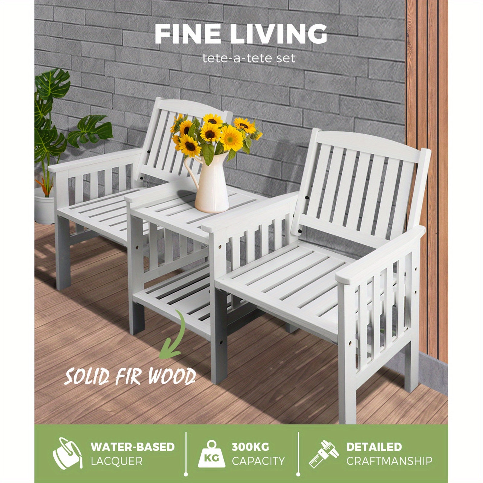Fine Living 2 seat garden chair with table set made of solid fir wood for outdoor relaxation