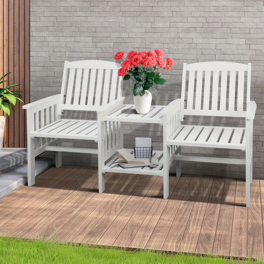 White 2 seat garden chair with table, perfect for outdoor relaxation and gatherings