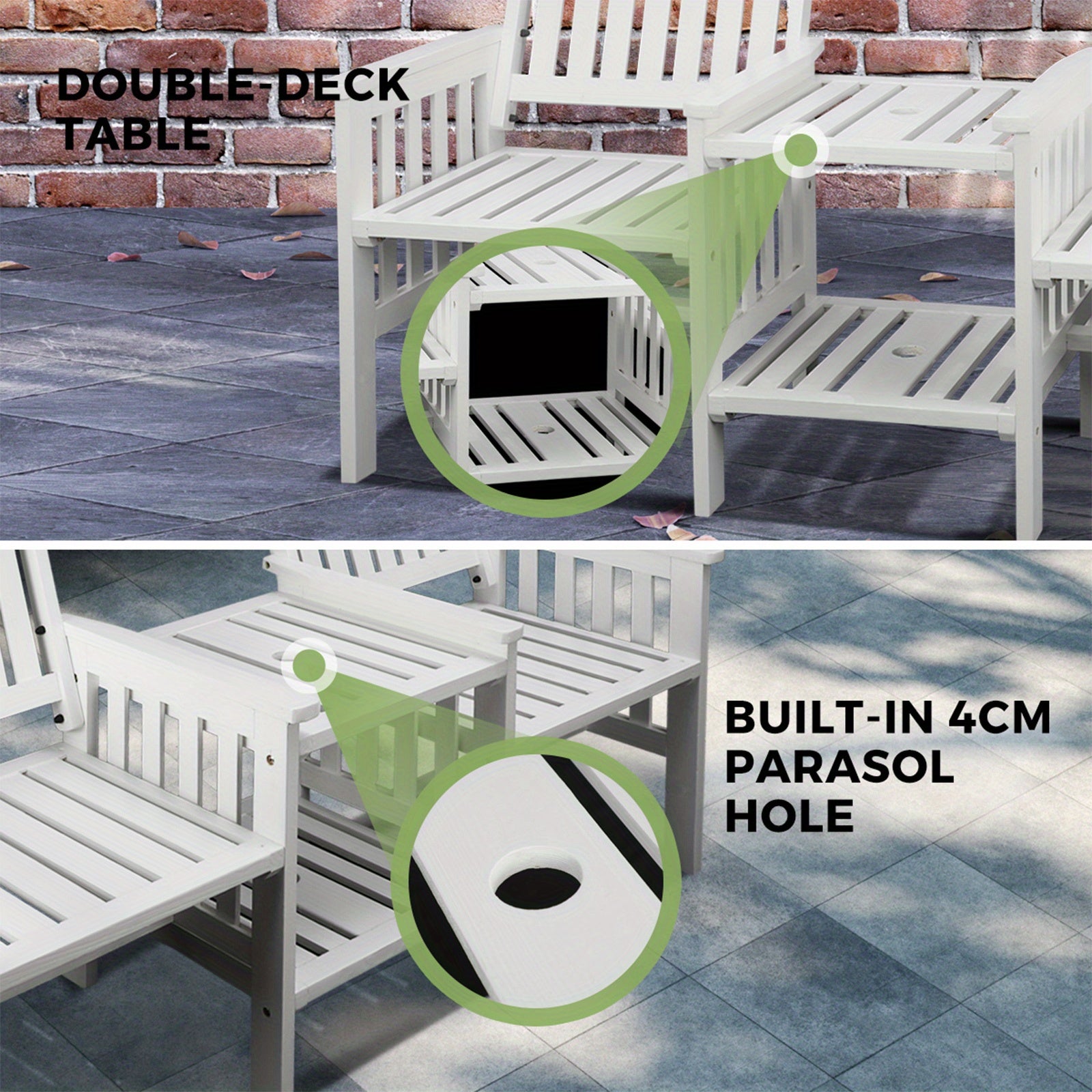 Nutshell 2 seat garden chair with table featuring a double deck table and built-in parasol hole