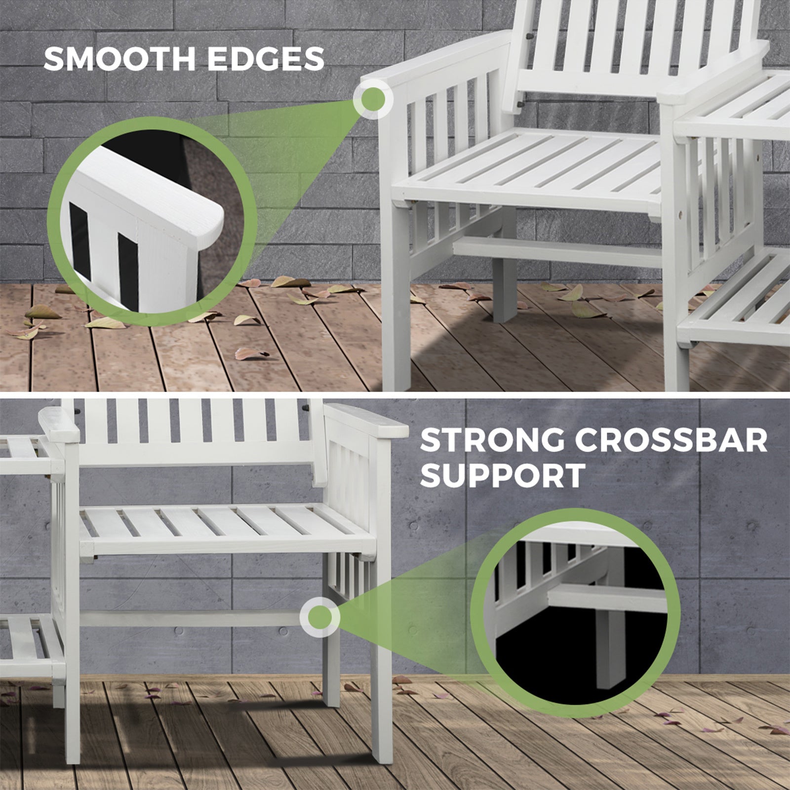 White 2 seat garden chair with table featuring smooth edges and strong crossbar support