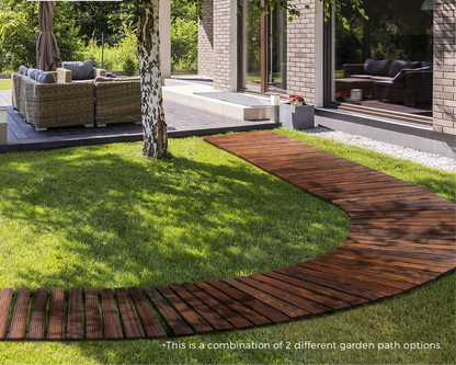 Roll-Out Straight Garden Pathway made of wooden slats enhancing outdoor landscaping with modern design