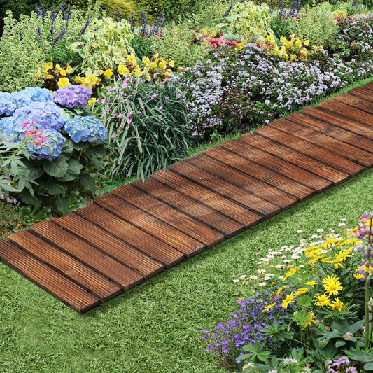 Natural wooden Roll-Out Straight Garden Pathway among vibrant flowers and greenery in a garden setting
