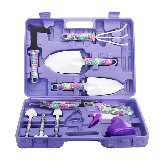 10pcs Garden Tool Gift Set in Purple Case with Floral Handles for Gardening Enthusiasts