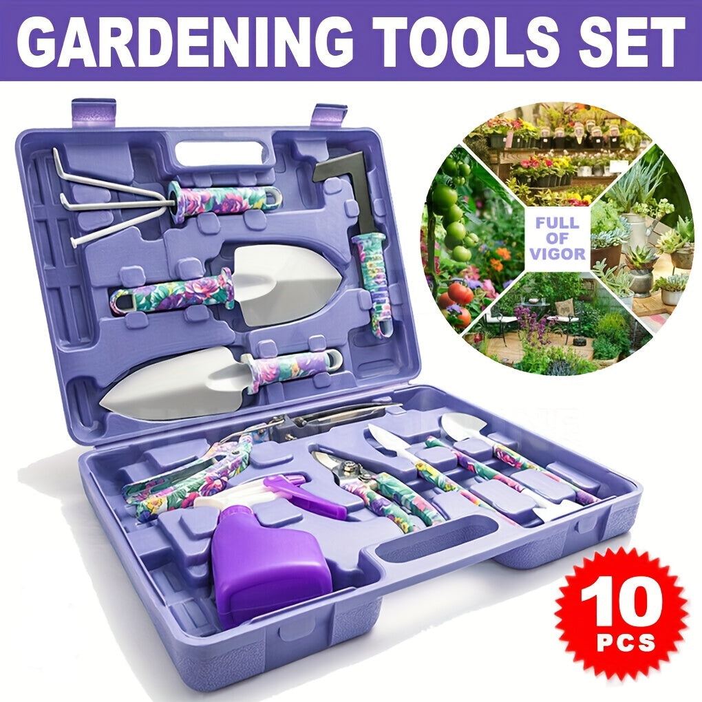 10pcs Garden Tool Gift Set in a purple carrying case with various essential gardening tools