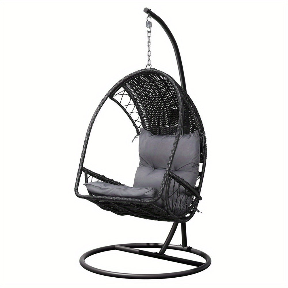 Nutshell outdoor egg chair hammock black rattan with gray cushion and round metal stand for patio