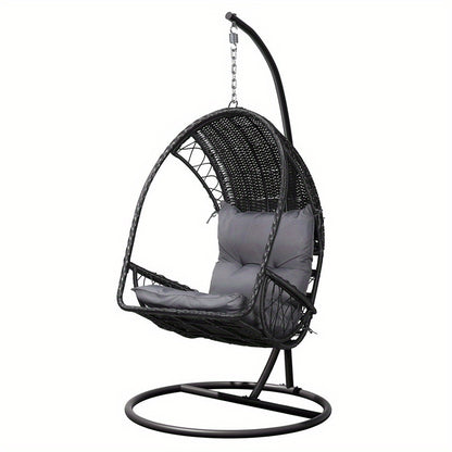 Nutshell outdoor egg chair hammock black rattan with gray cushion and round metal stand for patio