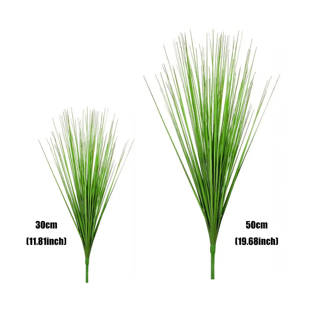 Nutshell Faux onion grass artificial plant showing two size options 30cm and 50cm green blade bunches
