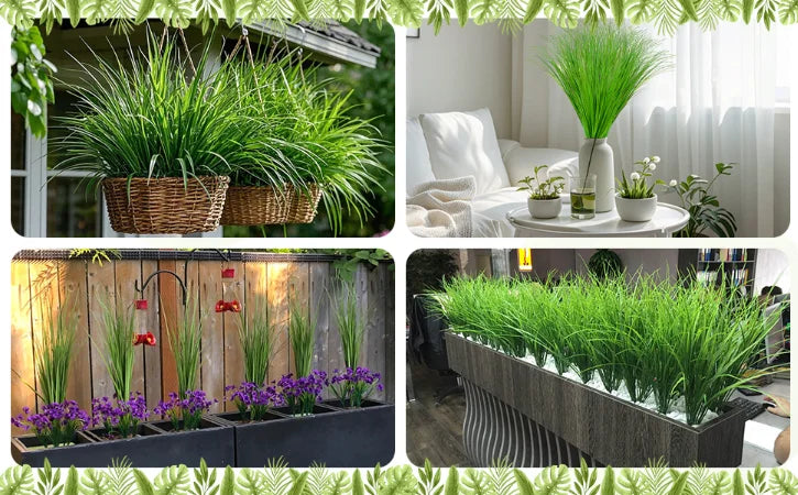 Nutshell Faux onion grass artificial plant displayed in wicker baskets, vases, and long planters for indoor and outdoor decor