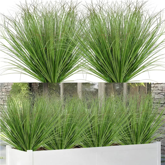 Nutshell Faux onion grass artificial plant set displayed in a white rectangular planter with dense green blades