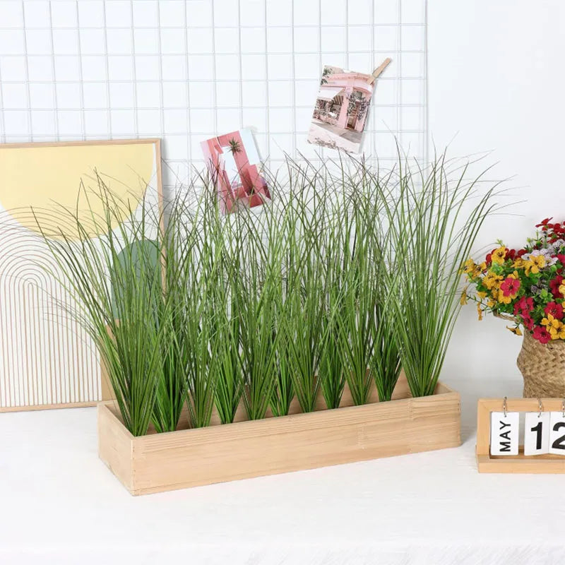 Nutshell Faux onion grass artificial plant in rectangular wooden planter with tall green grass stems