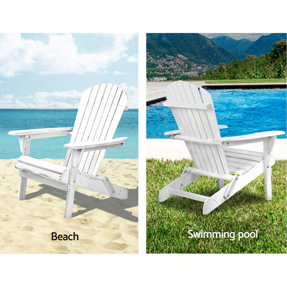 White Gardeon Adirondack table and chairs set shown on beach and by swimming pool outdoor furniture
