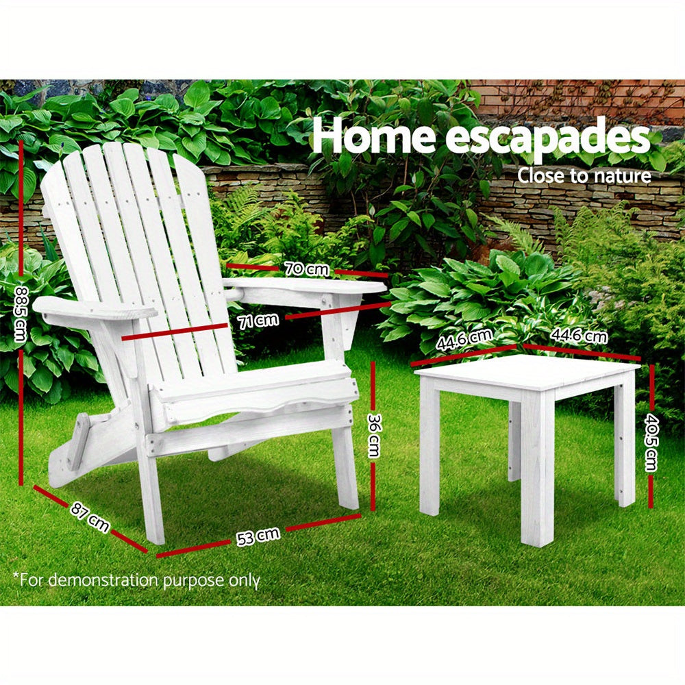 White Gardeon Adirondack table and chairs set by Nutshell displayed outdoors on grass with garden backdrop