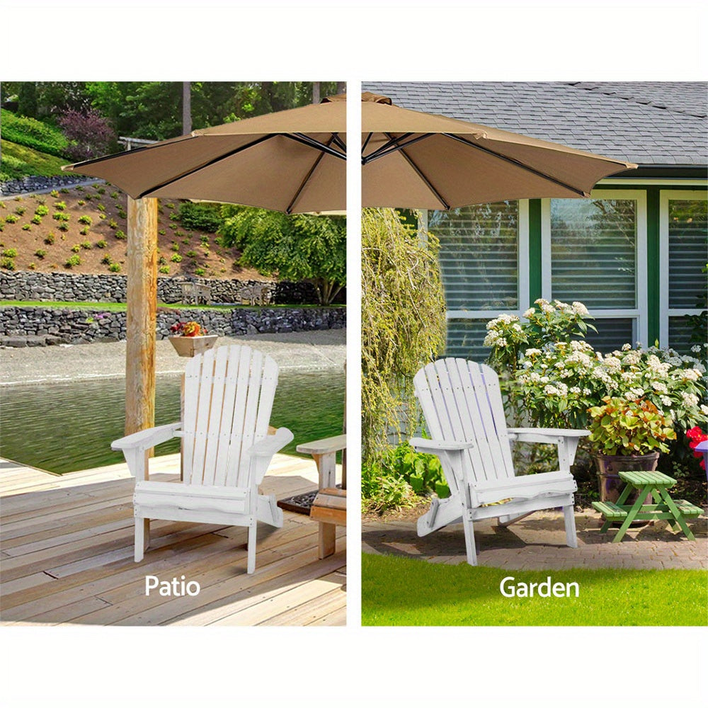 White Gardeon Adirondack table and chairs set on patio and garden areas with umbrella and greenery