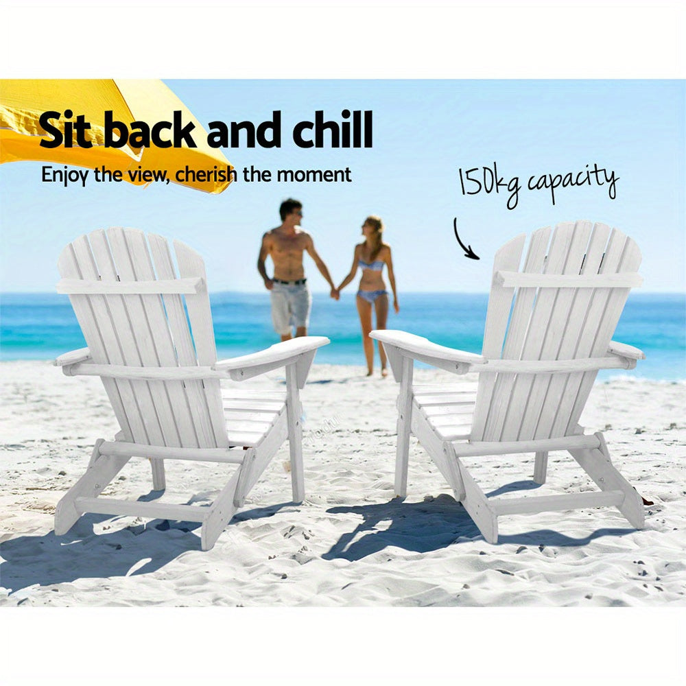 Nutshell Gardeon Adirondack table and chairs set with white wooden chairs on sandy beach
