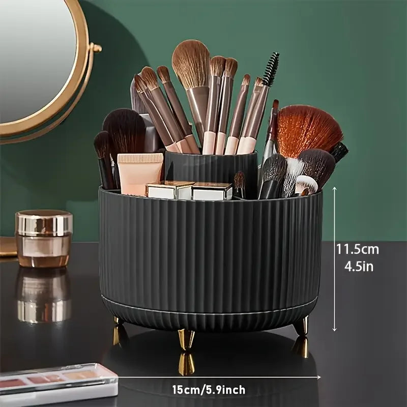 Nutshell black 360 degree rotating makeup organizer with brushes and cosmetics on vanity table
