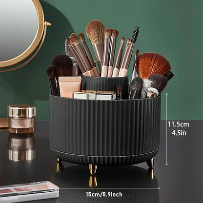 Nutshell black 360 degree rotating makeup organizer with brushes and cosmetics on vanity table
