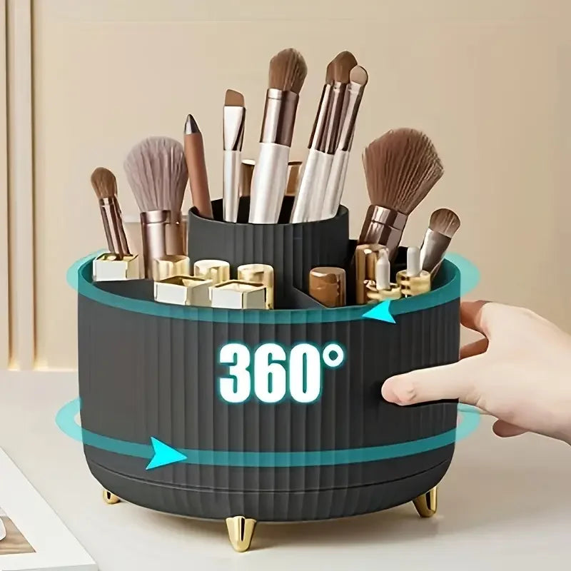 Nutshell 360 degree rotating makeup organizer in black holding makeup brushes and lipsticks
