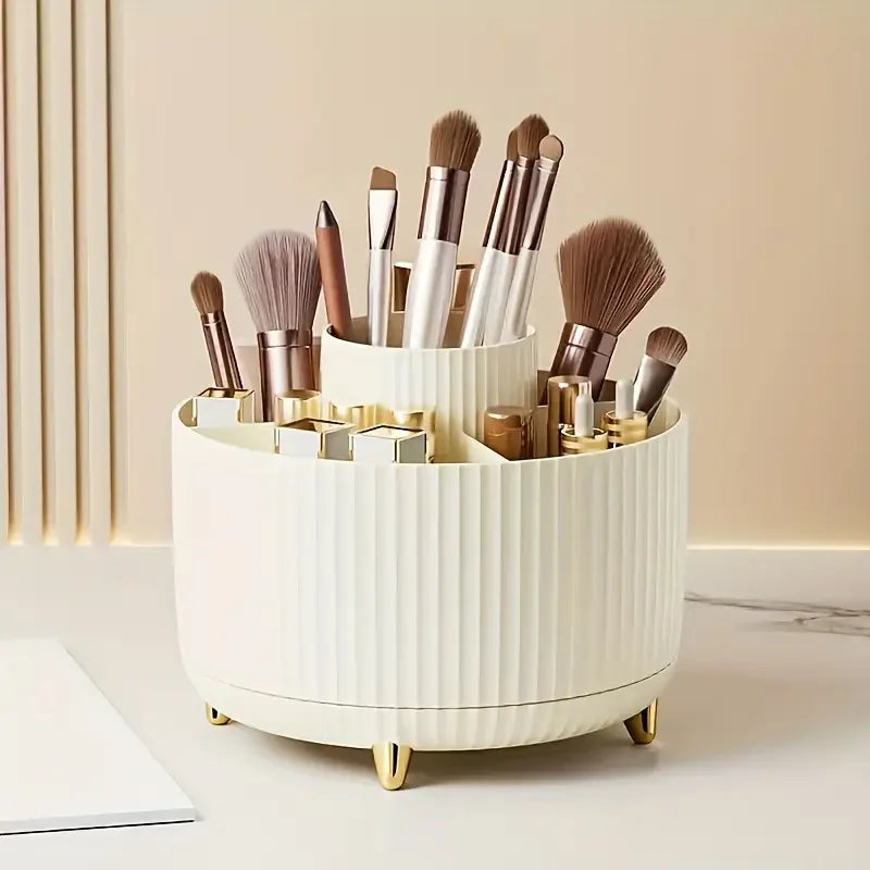 Nutshell 360 degree rotating makeup organizer in white holding makeup brushes and lipsticks on bathroom counter