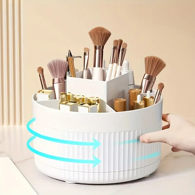 Nutshell bathroom organiser with 360 degree rotating makeup organizer feature holding brushes and cosmetics